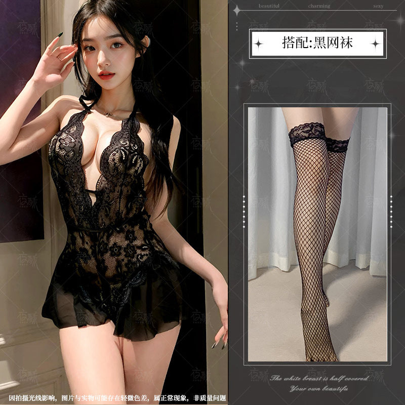 Image of Night Crisp Purple Erotic Lingerie Sexy Lace Uniform Cutout Open Jumpsuit Hot Pure Desire Pajama Dress 8012 - Black